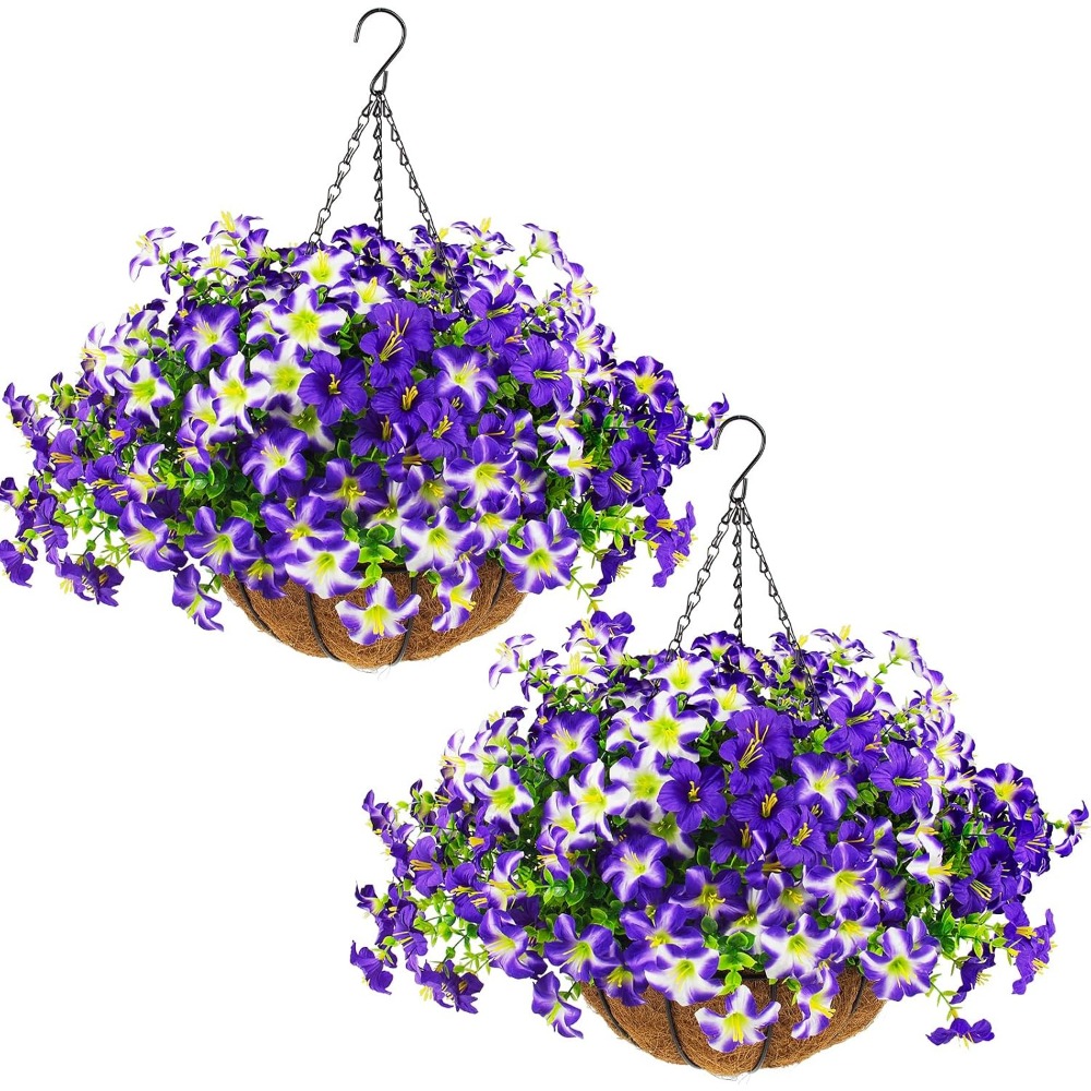 Home Decor Tulip - Petunias violets soyeux avec paniers suspendus,
