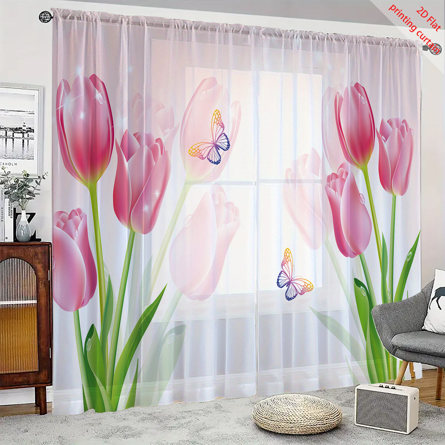 Home Decor Tulip - Rideau en gaze transparente à imprimé
